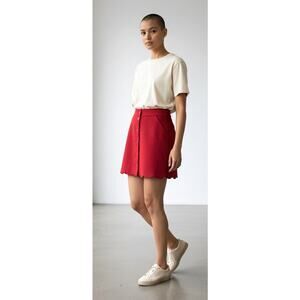 J.Crew Red Scalloped Hem Mini Skirt Size 8 Gold Button Front A-Line Pockets MINT